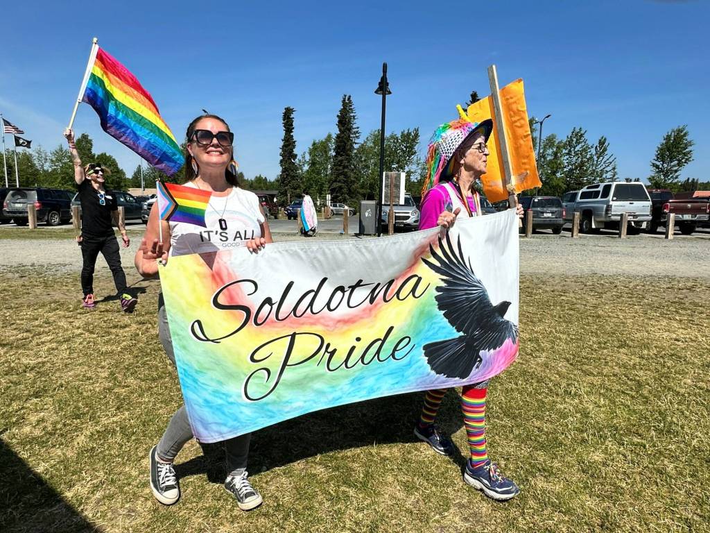 The Two-Spirit March, part of Soldotna Prides Pride in the Park, proceeds into Soldotna Creek Park in Soldotna, Alaska, on Saturday, June 22, 2024. (Photo by Michele Vasquez, provided by Soldotna Pride)