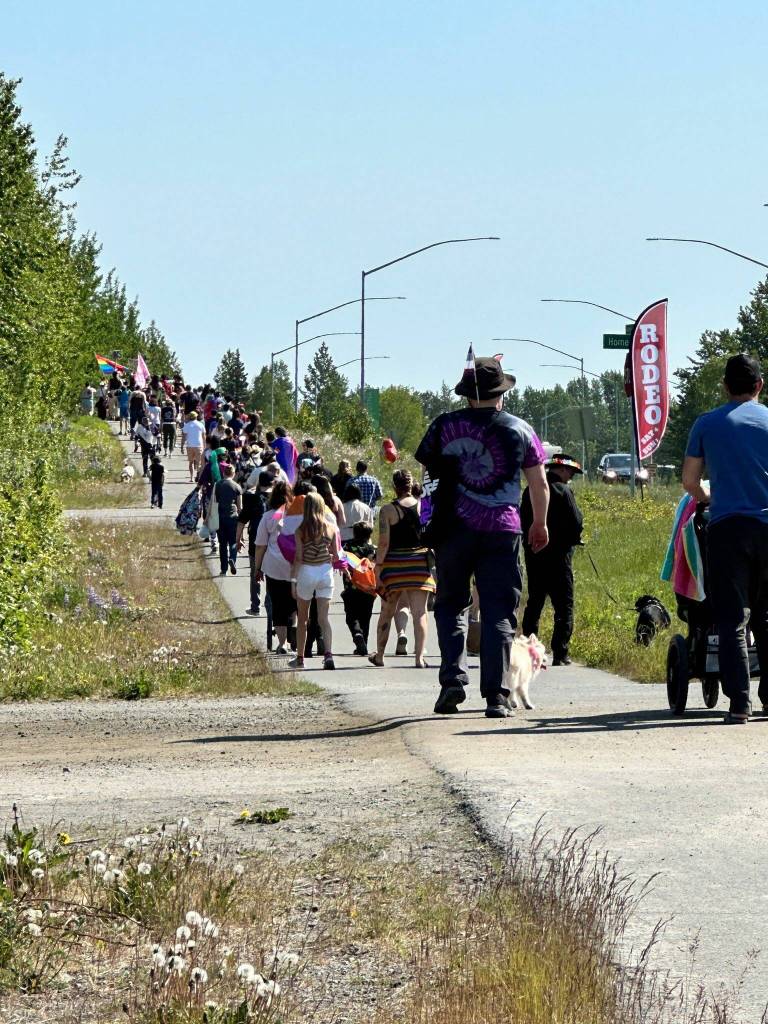 The Two-Spirit March, part of Soldotna Prides Pride in the Park, proceeds along Kalifornsky Beach Road in Soldotna, Alaska, on Saturday, June 22, 2024. (Photo by Michele Vasquez, provided by Soldotna Pride)