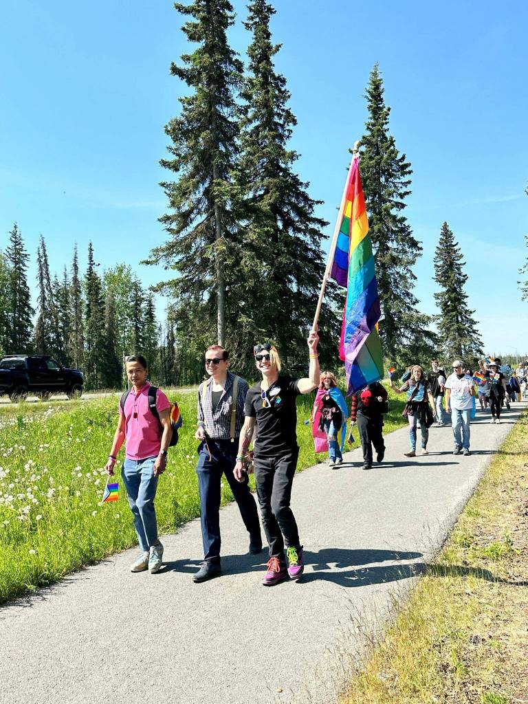 The Two-Spirit March, part of Soldotna Prides Pride in the Park, proceeds along Kalifornsky Beach Road in Soldotna, Alaska, on Saturday, June 22, 2024. (Photo by Michele Vasquez, provided by Soldotna Pride)