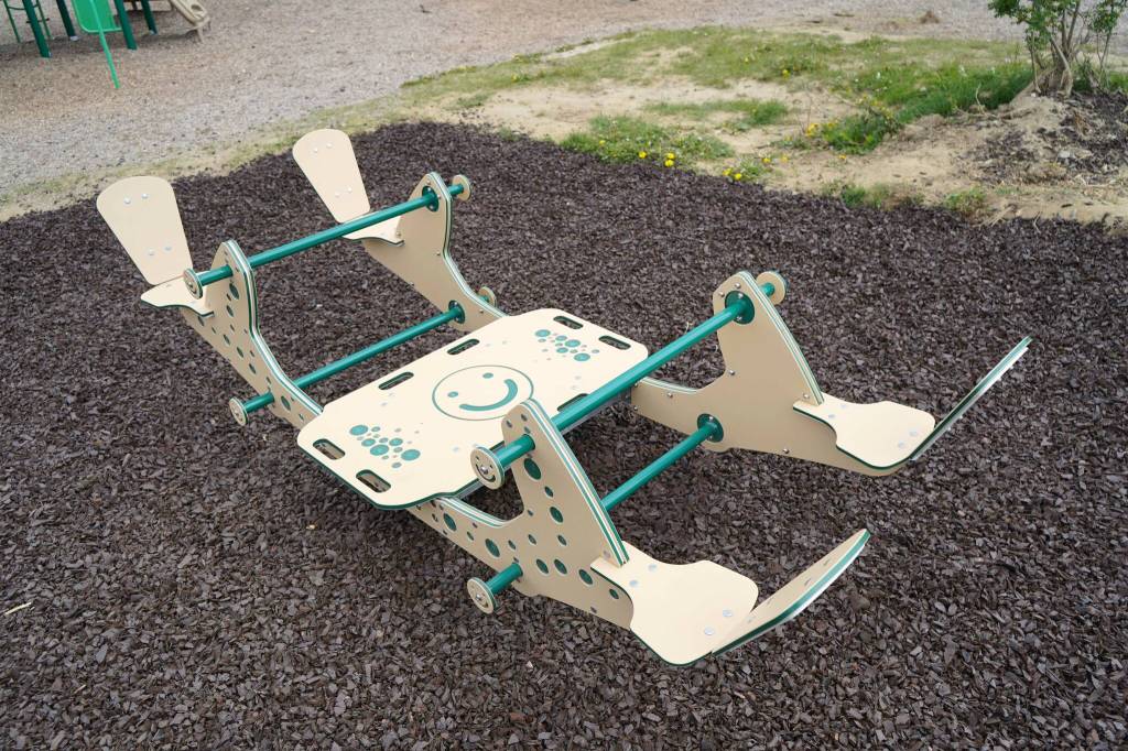 A new inclusive seesaw is seen during a ribbon-cutting at Kenai Municipal Park in Kenai, Alaska, on Thursday, June 27, 2024. (Jake Dye/Peninsula Clarion)