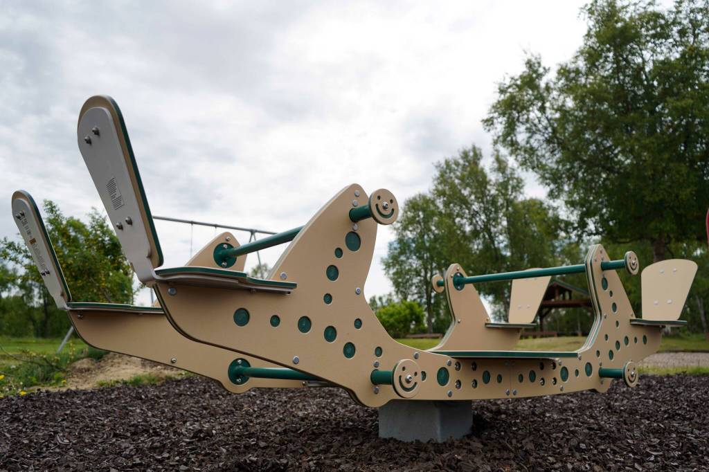 A new inclusive seesaw is seen during a ribbon-cutting at Kenai Municipal Park in Kenai, Alaska, on Thursday, June 27, 2024. (Jake Dye/Peninsula Clarion)