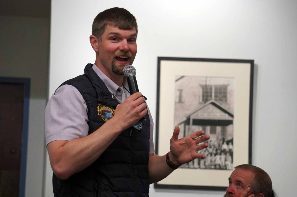 Sen. Jesse Bjorkman, R-Nikiski, delivers a legislative update to the joint Kenai and Soldotna Chambers of Commerce in Kenai, Alaska, on Wednesday, June 19, 2024. (Jake Dye/Peninsula Clarion)