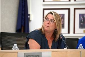 Kelley Cizek speaks during a meeting of the Kenai Peninsula Borough School Districts Board of Education in Soldotna, Alaska, on Monday, July 1, 2024. (Jake Dye/Peninsula Clarion)