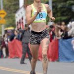 Kendall Kramer of Fairbanks finishes second in the womens race at the Mount Marathon Race on Thursday, July 4, 2024, in Seward, Alaska. (Photo by Jeff Helminiak/Peninsula Clarion)