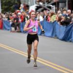 Anchorages Klaire Rhodes runs to victory in the womens race at the Mount Marathon Race on Thursday, July 4, 2024, in Seward, Alaska. (Photo by Jeff Helminiak/Peninsula Clarion)