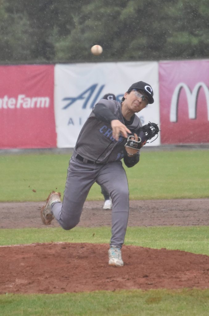 Post 33 Chugiak starter Jayden Steckel delivers to the Post 20 Twins on Saturday, July 6, 2024, at Coral Seymour Memorial Park in Kenai, Alaska. (Photo by Jeff Helminiak/Peninsula Clarion)