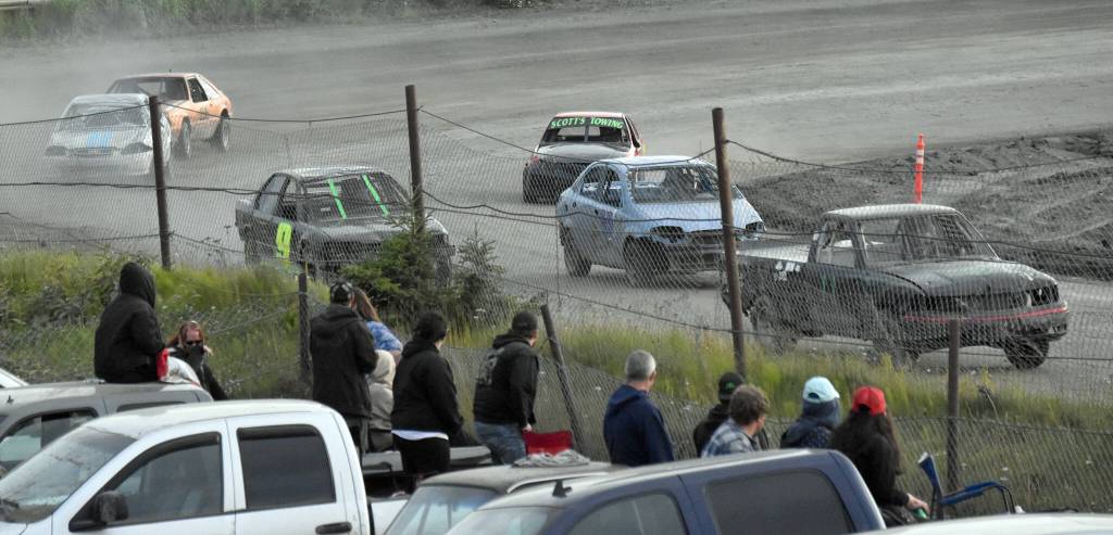 Fans watch Mini Stock Heat 2 on Sunday, July 7, 2024, in the Skylar Thomas Lyon Memorial at Twin City Raceway in Kenai, Alaska. (Photo by Jeff Helminiak/Peninsula Clarion)