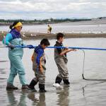 A fisher and two children carry their net into the Kenai River in Kenai, Alaska, on Wednesday, July 10, 2024. (Jake Dye/Peninsula Clarion)