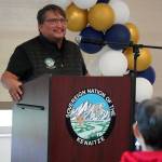 Wayne Wilson Jr., a member of the Kenaitze Indian Tribes tribal council and chair of the tribes health board, speaks during a celebration of the 10th anniversary of the Denaina Wellness Center in Kenai, Alaska, on Friday, July 12, 2024. (Jake Dye/Peninsula Clarion)