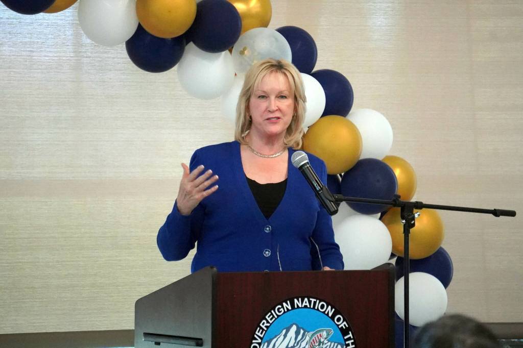 Alaska Lt. Gov. Nancy Dahlstrom speaks during a celebration of the 10th anniversary of the Denaina Wellness Center in Kenai, Alaska, on Friday, July 12, 2024. (Jake Dye/Peninsula Clarion)