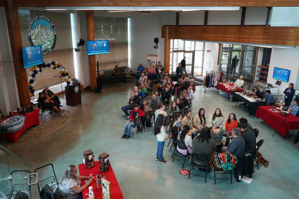Drummers perform during a celebration of the 10th anniversary of the Denaina Wellness Center in Kenai, Alaska, on Friday, July 12, 2024. (Jake Dye/Peninsula Clarion)