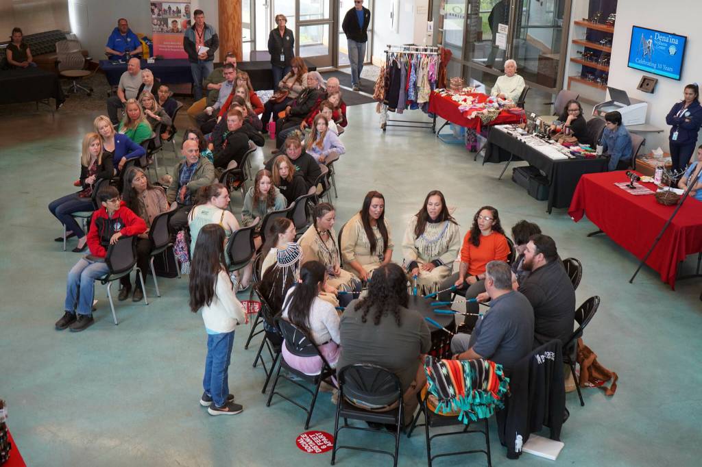Drummers perform during a celebration of the 10th anniversary of the Denaina Wellness Center in Kenai, Alaska, on Friday, July 12, 2024. (Jake Dye/Peninsula Clarion)