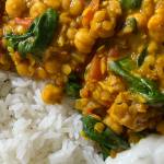 Chickpea lentil and spinach curry is served with rice and yogurt. (Photo by Tressa Dale/Peninsula Clarion)