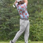 Zac Cowan sticks his tee shot close to the pin for a skin on No. 6 at the State Farm Agent Heith Groth Pro Am and Skins Game on Monday, July 15, 2024, at Birch Ridge Golf Course in Soldotna, Alaska. (Photo by Jeff Helminiak/Peninsula Clarion)