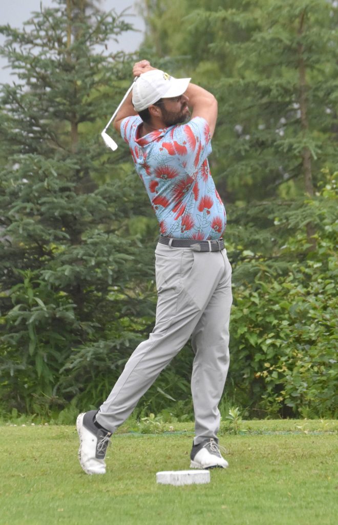 Zac Cowan sticks his tee shot close to the pin for a skin on No. 6 at the State Farm Agent Heith Groth Pro Am and Skins Game on Monday, July 15, 2024, at Birch Ridge Golf Course in Soldotna, Alaska. (Photo by Jeff Helminiak/Peninsula Clarion)
