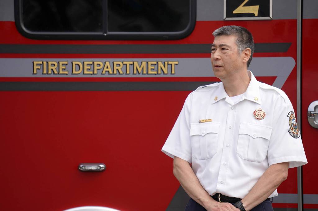 Central Emergency Services Chief Roy Browning waits to speak at a groundbreaking for the new Central Emergency Services Station 1 in Soldotna, Alaska, on Wednesday, July 24, 2024. (Jake Dye/Peninsula Clarion)