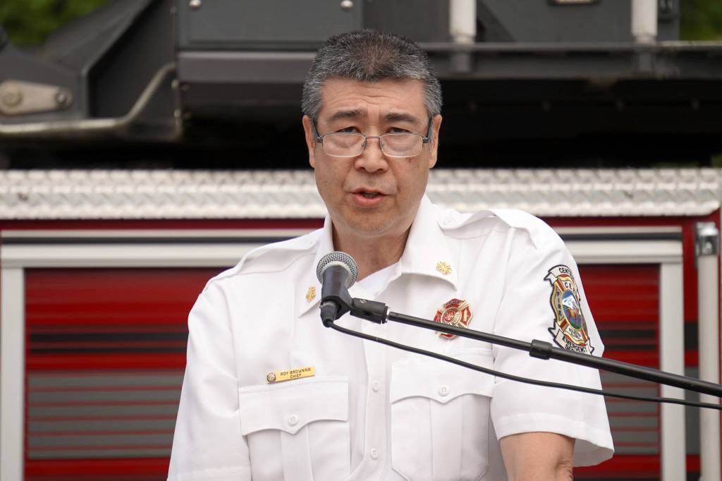 Central Emergency Services Chief Roy Browning speaks at a groundbreaking for the new Central Emergency Services Station 1 in Soldotna, Alaska, on Wednesday, July 24, 2024. (Jake Dye/Peninsula Clarion)