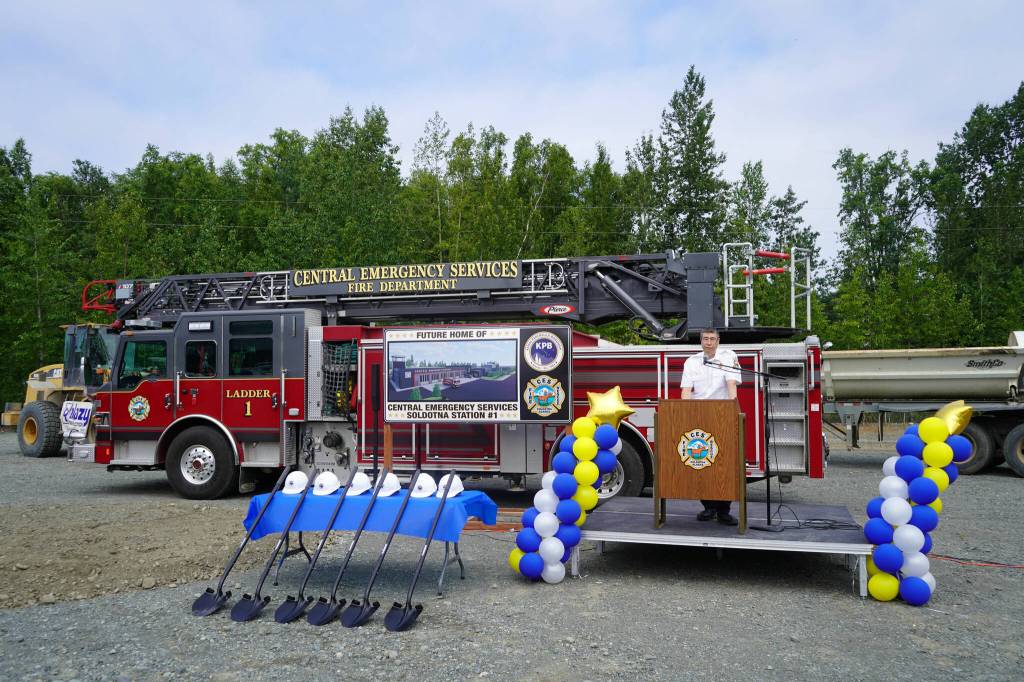 Central Emergency Services Chief Roy Browning speaks at a groundbreaking for the new Central Emergency Services Station 1 in Soldotna, Alaska, on Wednesday, July 24, 2024. (Jake Dye/Peninsula Clarion)