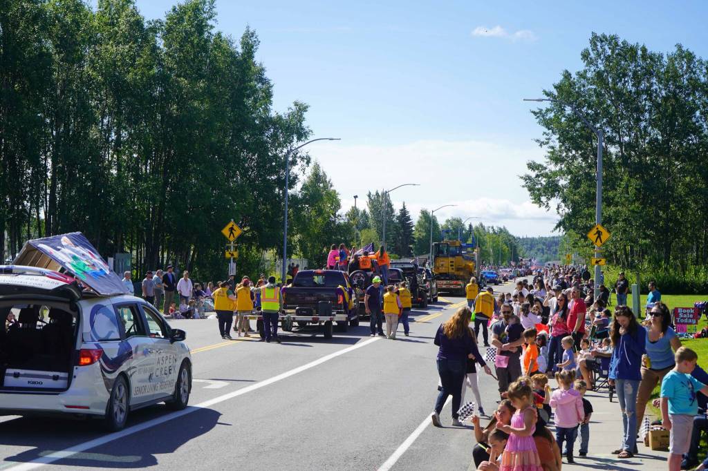 The 67th Annual Soldotna Progress Days Parade stretches down Binkley Street in Soldotna, Alaska, on Saturday, July 27, 2024. (Jake Dye/Peninsula Clarion)