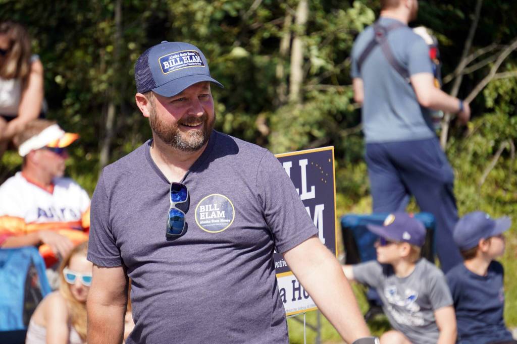 Bill Elam, candidate for the Alaska House of Representatives, walks with the 67th Annual Soldotna Progress Days Parade down Binkley Street in Soldotna, Alaska, on Saturday, July 27, 2024. (Jake Dye/Peninsula Clarion)