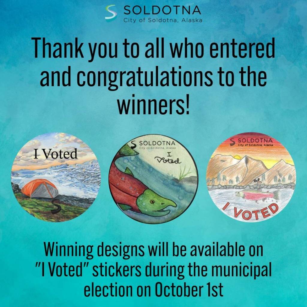 A graphic by the City of Soldotna shows the three winning stickers, by Addie Nelson, Isla Crouse and Hadley Kornelis. (Photo courtesy City of Soldotna)
