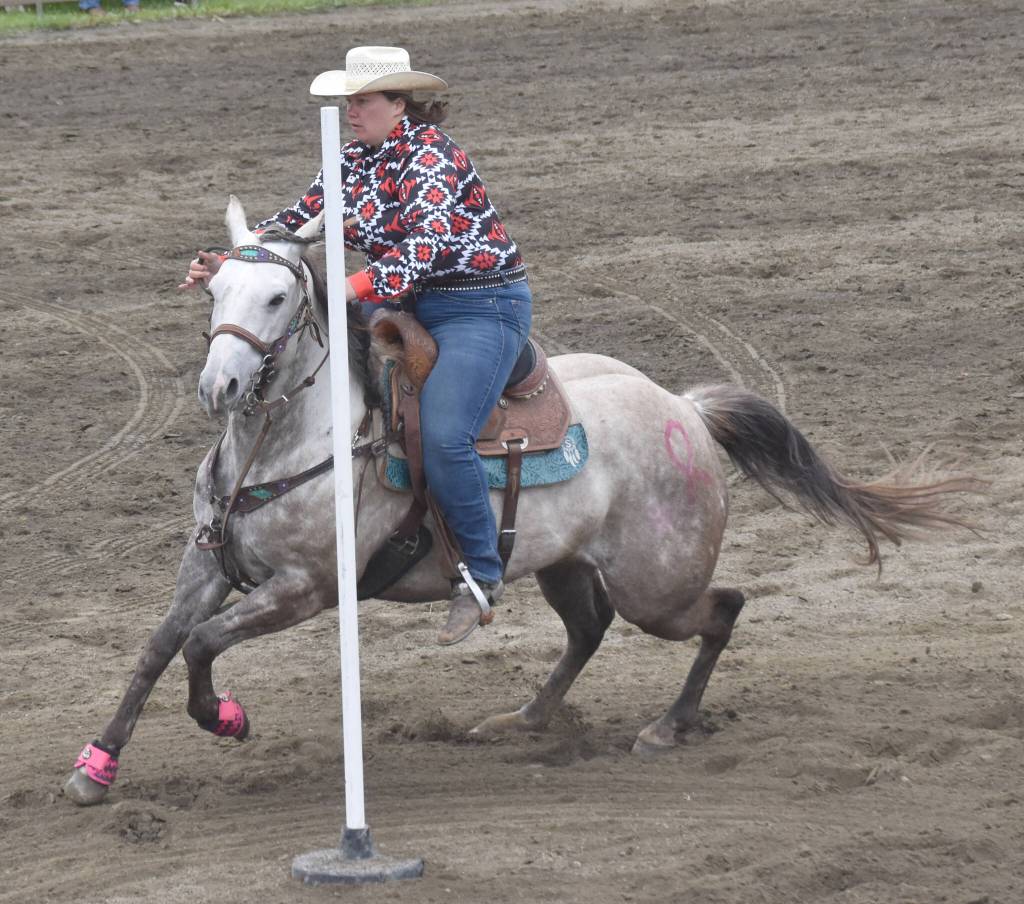 Samantha Lopez competes in Pole Bending at the third Soldotna Equestrian Association rodeo of the season Sunday, July 28, 2024, at the Soldotna Rodeo Grounds in Soldotna, Alaska. (Photo by Jeff Helminiak/Peninsula Clarion)