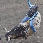 Cody Wicken competes in Bull Riding at the third Soldotna Equestrian Association rodeo of the season Sunday, July 28, 2024, at the Soldotna Rodeo Grounds in Soldotna, Alaska. (Photo by Jeff Helminiak/Peninsula Clarion)