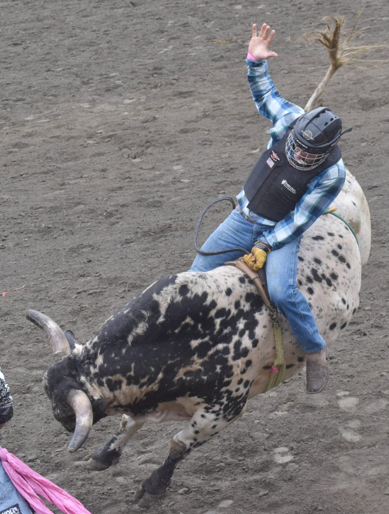 Cody Wicken competes in Bull Riding at the third Soldotna Equestrian Association rodeo of the season Sunday, July 28, 2024, at the Soldotna Rodeo Grounds in Soldotna, Alaska. (Photo by Jeff Helminiak/Peninsula Clarion)