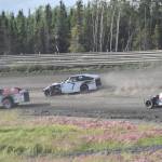 Clay Petersen leads Jesse Yancy and Dustin Bass in Heat 1 of Modifieds on Saturday, July 27, 2024, at Twin City Raceway in Kenai, Alaska. Bass would win the race, while Yancy was second and Petersen was third. (Photo by Jeff Helminiak/Peninsula Clarion)