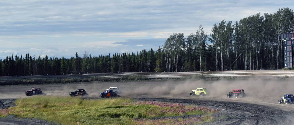 The Legends race Saturday, July 27, 2024, at Twin City Raceway in Kenai, Alaska. (Photo by Jeff Helminiak/Peninsula Clarion)