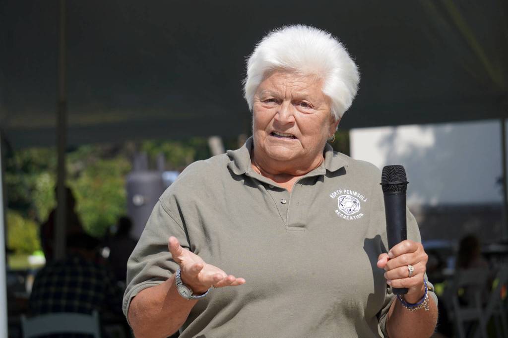 Karen Kester speaks during a celebration of the 50th anniversary of North Peninsula Recreation Service Area at the Nikiski Pool in Nikiski, Alaska, on Saturday, Aug. 3, 2024. (Jake Dye/Peninsula Clarion)