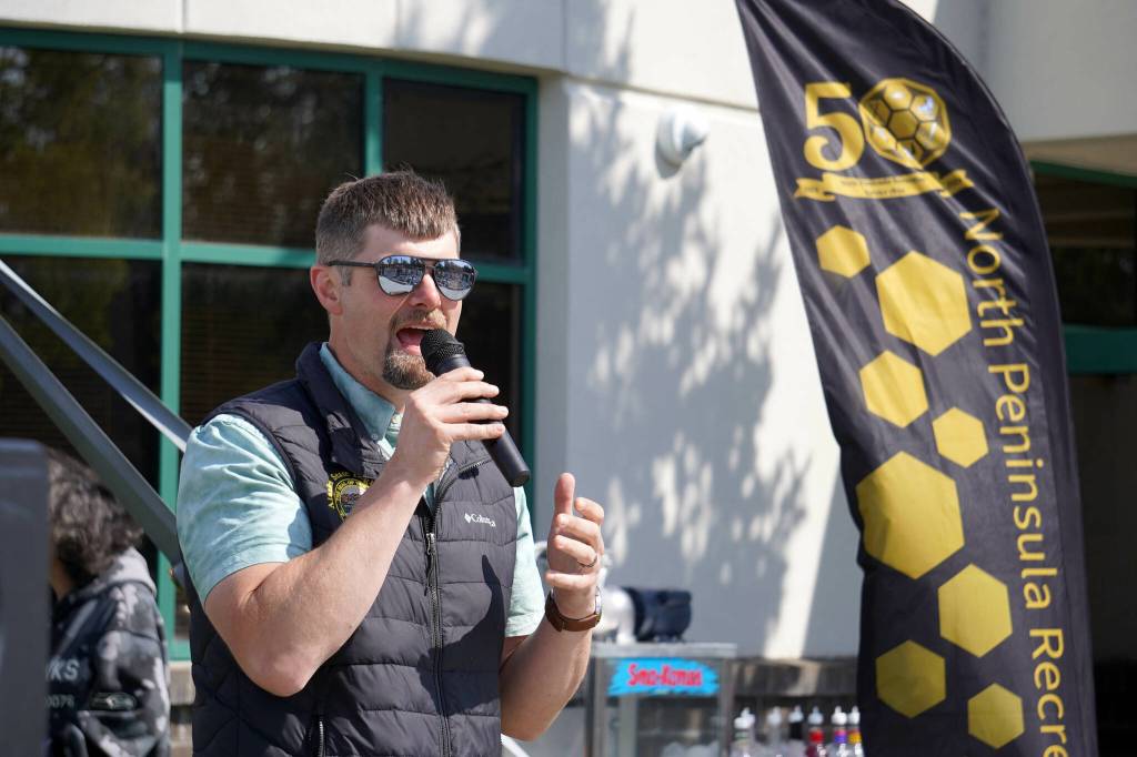 Sen. Jesse Bjorkman, R-Nikiski, speaks during a celebration of the 50th anniversary of North Peninsula Recreation Service Area at the Nikiski Pool in Nikiski, Alaska, on Saturday, Aug. 3, 2024. (Jake Dye/Peninsula Clarion)