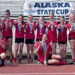 The Kenai Kicks of the Kenai Peninsula Soccer Club won the U13 title at the Alaska Youth State Cup on Sunday, Aug. 4, 2024, at Kenai Central High School in Kenai, Alaska. Back row, left to right: Emery Kingery, coach Scott Bloom, Svea Miller, Kemberly Mills, Lily Hough, Avi Bloom, Sydney Wortham, Morgan Berger, Bryan Hill, Peyton Barber, Addie Moore. Front row, left to right: Elizabeth Backstrom, Raegen Lingenfelter, Morgan Buckbee, Serena Bowen, Ryanne Lingenfelter. (Photo provided)