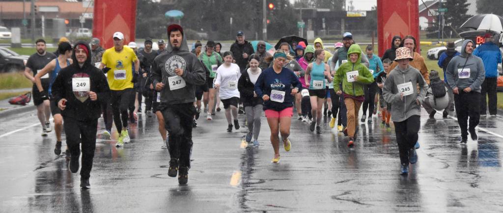Runners start the 35th Violence Free Community Run on Saturday, Aug. 10, 2024, in Kenai, Alaska. (Photo by Jeff Helminiak/Peninsula Clarion)