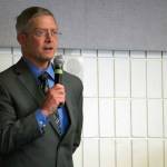 Organizer Robert Wall introduces a debate between Rep. Ben Carpenter and Sen. Jesse Bjorkman, both R-Nikiski, organized by the District 8 Alaska Republican Party at the Soldotna Regional Sports Complex in Soldotna, Alaska, on Monday, Aug. 12, 2024. (Jake Dye/Peninsula Clarion)