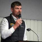 Sen. Jesse Bjorkman, R-Nikiski, speaks during a debate with Rep. Ben Carpenter organized by the District 8 Alaska Republican Party at the Soldotna Regional Sports Complex in Soldotna, Alaska, on Monday, Aug. 12, 2024. (Jake Dye/Peninsula Clarion)