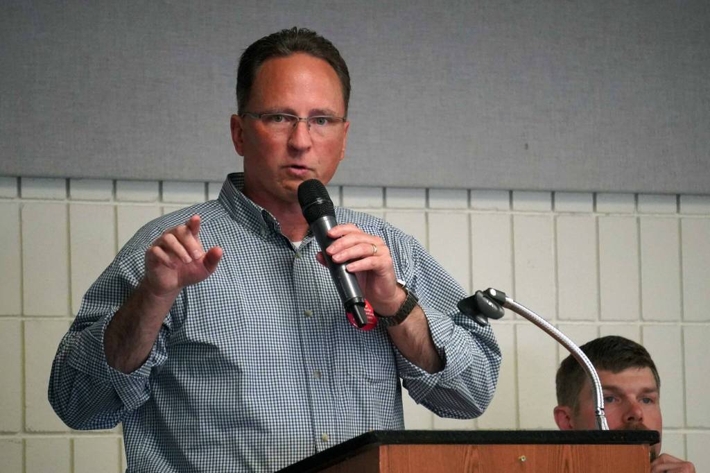 Rep. Ben Carpenter, R-Nikiski, speaks during a debate with Sen. Jesse Bjorkman organized by the District 8 Alaska Republican Party at the Soldotna Regional Sports Complex in Soldotna, Alaska, on Monday, Aug. 12, 2024. (Jake Dye/Peninsula Clarion)