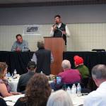 Sen. Jesse Bjorkman, R-Nikiski, speaks during a debate with Rep. Ben Carpenter organized by the District 8 Alaska Republican Party at the Soldotna Regional Sports Complex in Soldotna, Alaska, on Monday, Aug. 12, 2024. (Jake Dye/Peninsula Clarion)