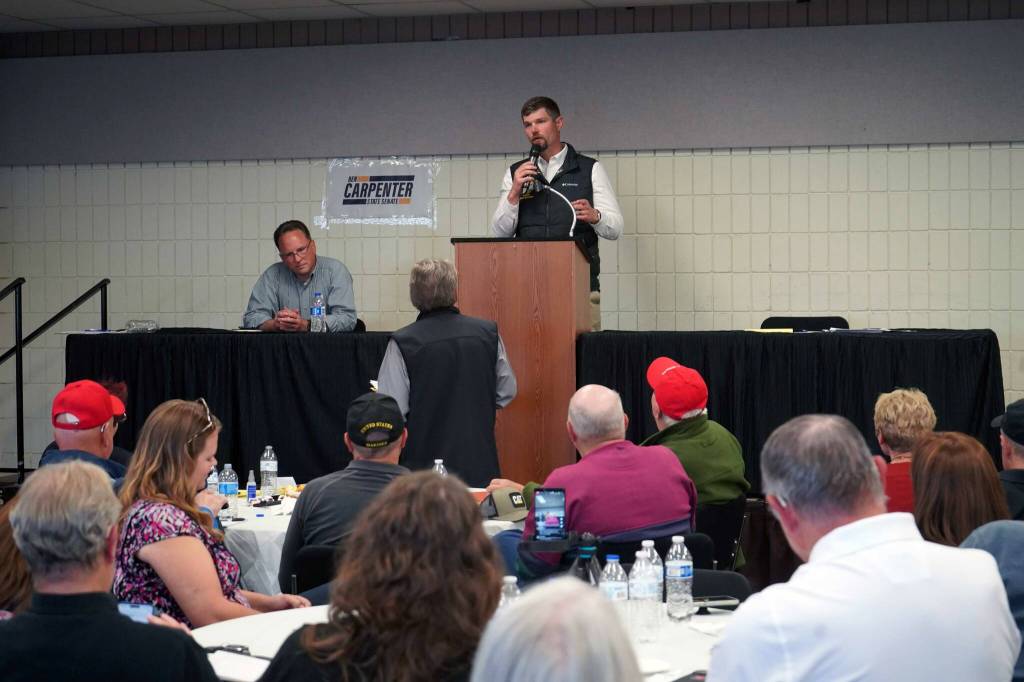 Sen. Jesse Bjorkman, R-Nikiski, speaks during a debate with Rep. Ben Carpenter organized by the District 8 Alaska Republican Party at the Soldotna Regional Sports Complex in Soldotna, Alaska, on Monday, Aug. 12, 2024. (Jake Dye/Peninsula Clarion)