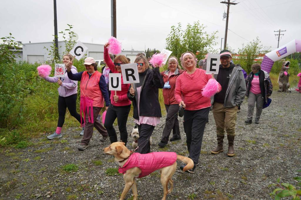 The Kenai Peninsula Outdoors Club sets out on the Brewery to Bathroom .5K The Race for the Rest of Us at Kenai River Brewing in Soldotna, Alaska, on Saturday, Aug. 11, 2024. (Jake Dye/Peninsula Clarion)
