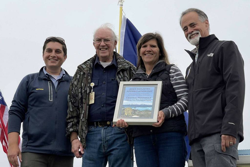 The Central Peninsula Health Foundation receives the Outstanding Industry Support in Health Care award at Industry Appreciation Day in Kenai, Alaska, on Saturday, Aug. 17, 2024. (Jake Dye/Peninsula Clarion)