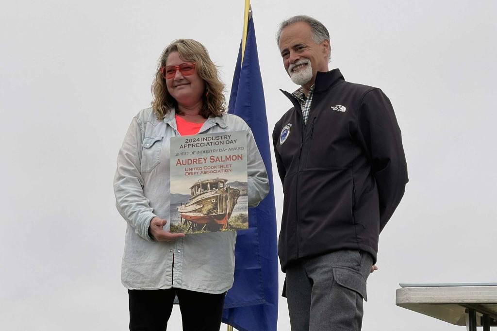 Audrey Salmon of the United Cook Inlet Drift Association receives the Spirit of Industry Appreciation Day award at Industry Appreciation Day in Kenai, Alaska, on Saturday, Aug. 17, 2024. (Jake Dye/Peninsula Clarion)