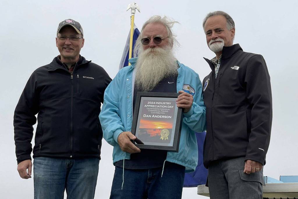 Dan Anderson receives the Outstanding Individual Commercial Fishing Contribution award at Industry Appreciation Day in Kenai, Alaska, on Saturday, Aug. 17, 2024. (Jake Dye/Peninsula Clarion)