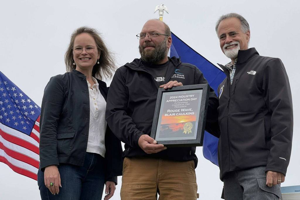 Rogue Wave Processing receives the Outstanding Commercial Fish Processor award at Industry Appreciation Day in Kenai, Alaska, on Saturday, Aug. 17, 2024. (Jake Dye/Peninsula Clarion)