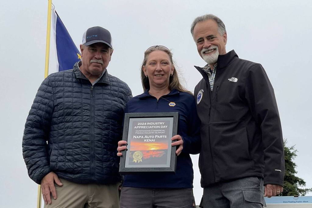 Napa Auto Parts of Kenai receives the Outstanding Commercial Fishing Industry Support award at Industry Appreciation Day in Kenai, Alaska, on Saturday, Aug. 17, 2024. (Jake Dye/Peninsula Clarion)