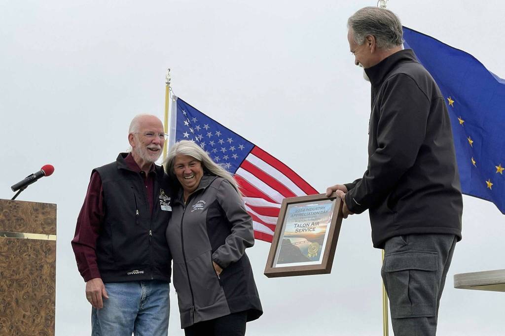 Talon Air Service receives the Outstanding Business in Tourism award at Industry Appreciation Day in Kenai, Alaska, on Saturday, Aug. 17, 2024. (Jake Dye/Peninsula Clarion)