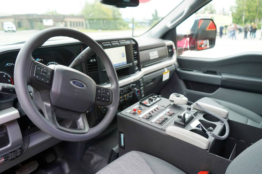 The interior and controls of a new ambulance are seen at the Kenai Public Safety Building in Kenai, Alaska, on Saturday, Aug. 17, 2024. (Jake Dye/Peninsula Clarion)