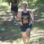 Soldotnas Ollie Dahl leads Sewards Ridge Conant at the start of the freshmen-sophomore boys race Monday, Aug. 19, 2024, at the Peninsula Class Races at Nikiski Middle-High School in Nikiski, Alaska. (Photo by Jeff Helminiak/Peninsula Clarion)