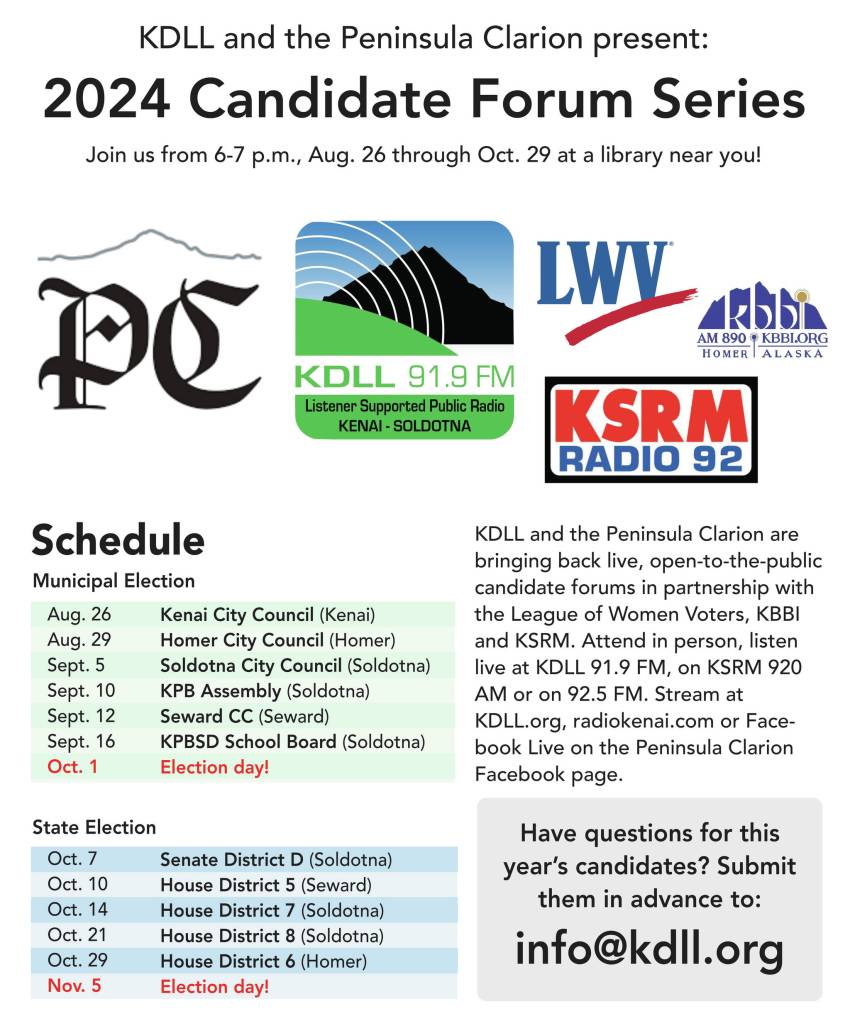 Flyer for the 2024 Candidate Forum Series by KDLL 91.9 FM and the Peninsula Clarion. (Ashlyn OHara/KDLL 91.9)