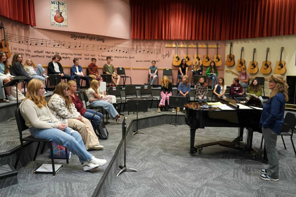 Audra Calloway, right, leads a choir class on the first day of the school year at Skyview Middle School near Soldotna, Alaska, on Wednesday, Aug. 21, 2024. (Jake Dye/Peninsula Clarion)